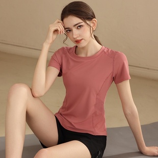 瑜伽服女上衣夏季薄款运动短袖网纱拼接专业跑步速干时尚健身上衣