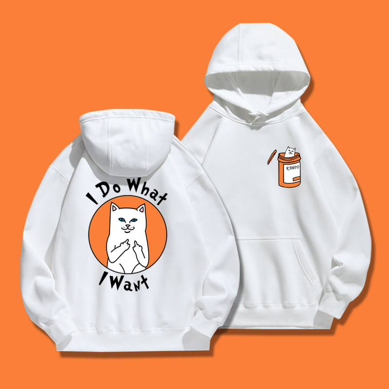 贱猫欧美潮牌联名卫衣男秋冬新款卡通中指猫连帽加绒宽松外套衣服