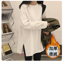 秋冬白色长袖t恤纯棉卫衣中长款打底衫女内搭遮屁股加绒德绒上衣