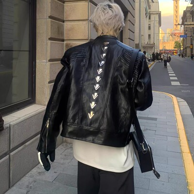 春秋季美式高街小众龙骨金属脊背褶皱解构短款皮衣男女立领外套潮