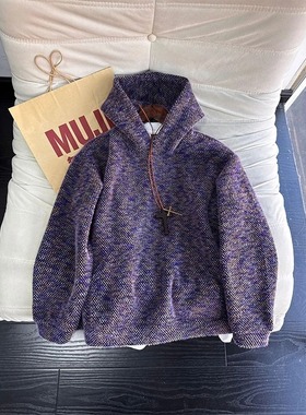 MY冬季加厚休闲宽松长袖美式设计感保暖针织上衣男连帽慵懒风卫衣