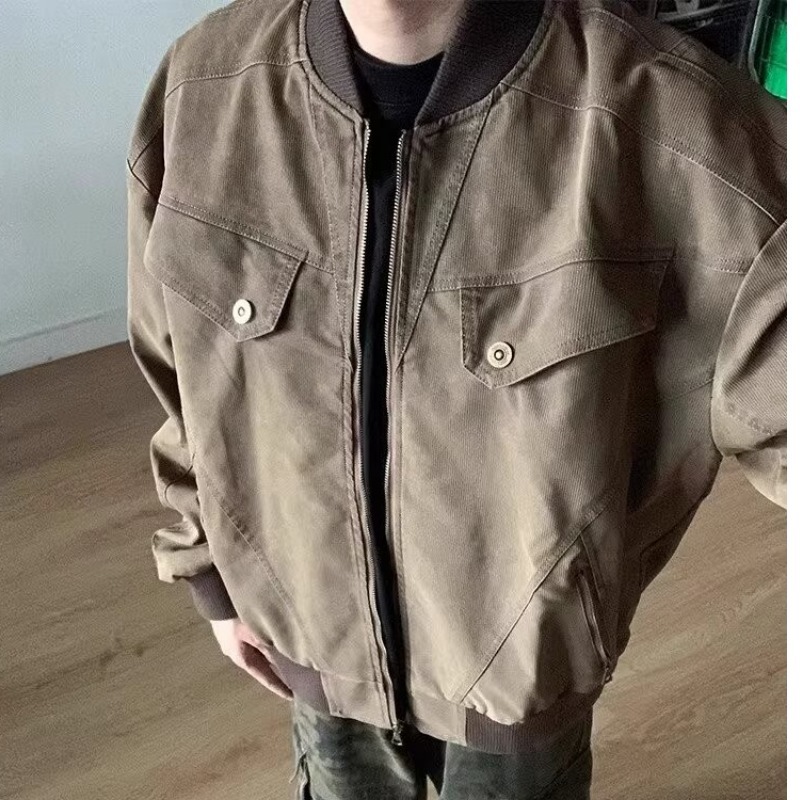 美式复古做旧棒球领工装夹克男秋冬款潮流街头底特律百搭秋冬外套