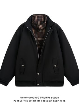 高级感机车皮衣外套男立领春秋棉衣新款男宽松大码美式假两件棉服