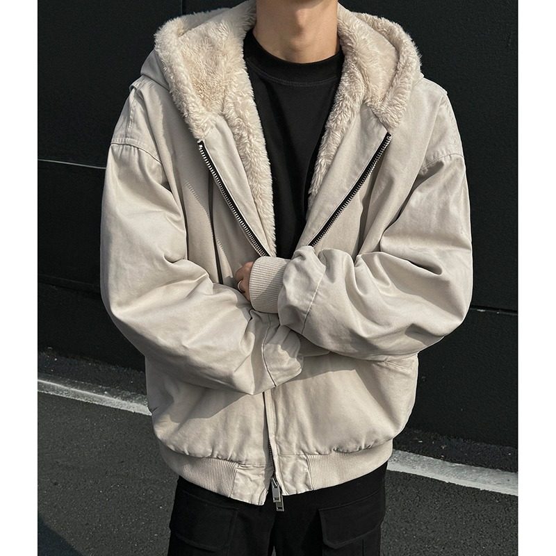 座山雕加绒外套男冬季cleanfit帆布夹克棉服短款连帽美式复古棉衣