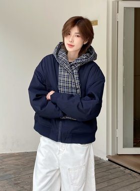 潮牌美式格子拼接披肩连帽卫衣男女休闲秋季设计感百搭情侣款帽衫