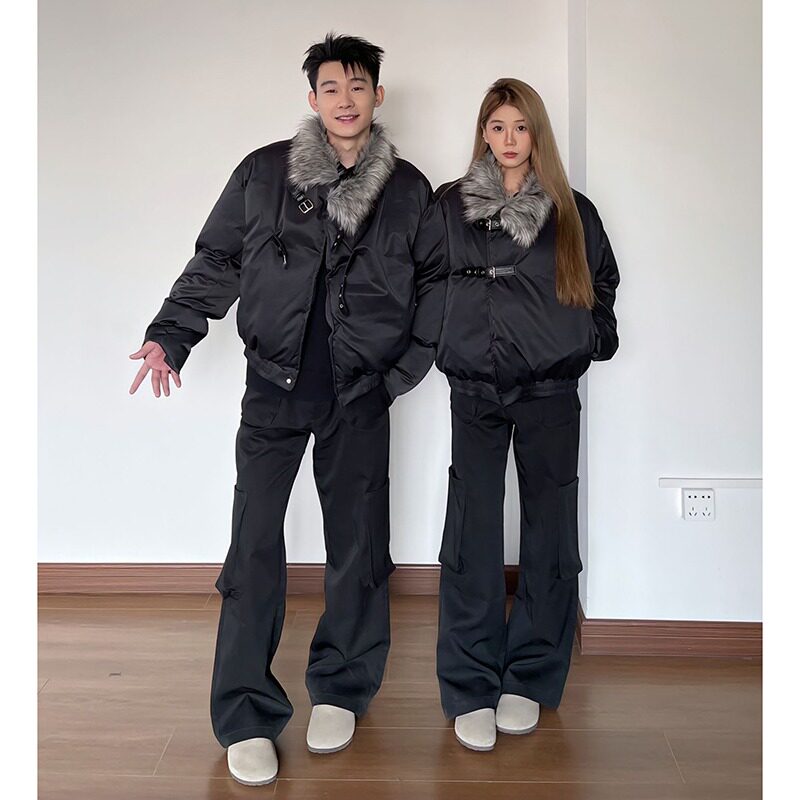 美式毛领夹克棉服男冬季短款加厚座山雕外套解构设计感情侣棉衣袄