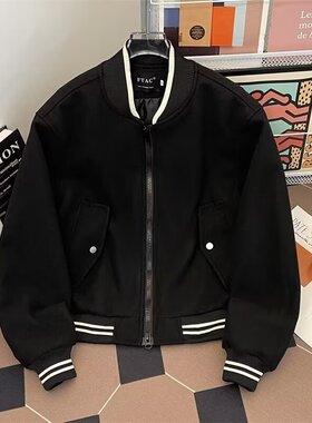 美式复古街头黑色棒球服毛呢夹克女设计感宽松潮牌秋冬休闲外套男