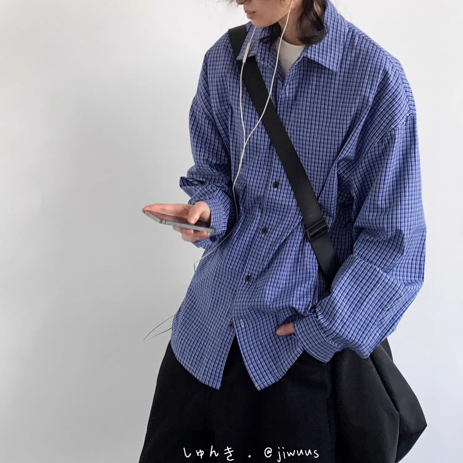 美式慵懒风蓝色格纹长袖衬衫中性男女春秋衬衣外套高级感宽松休闲