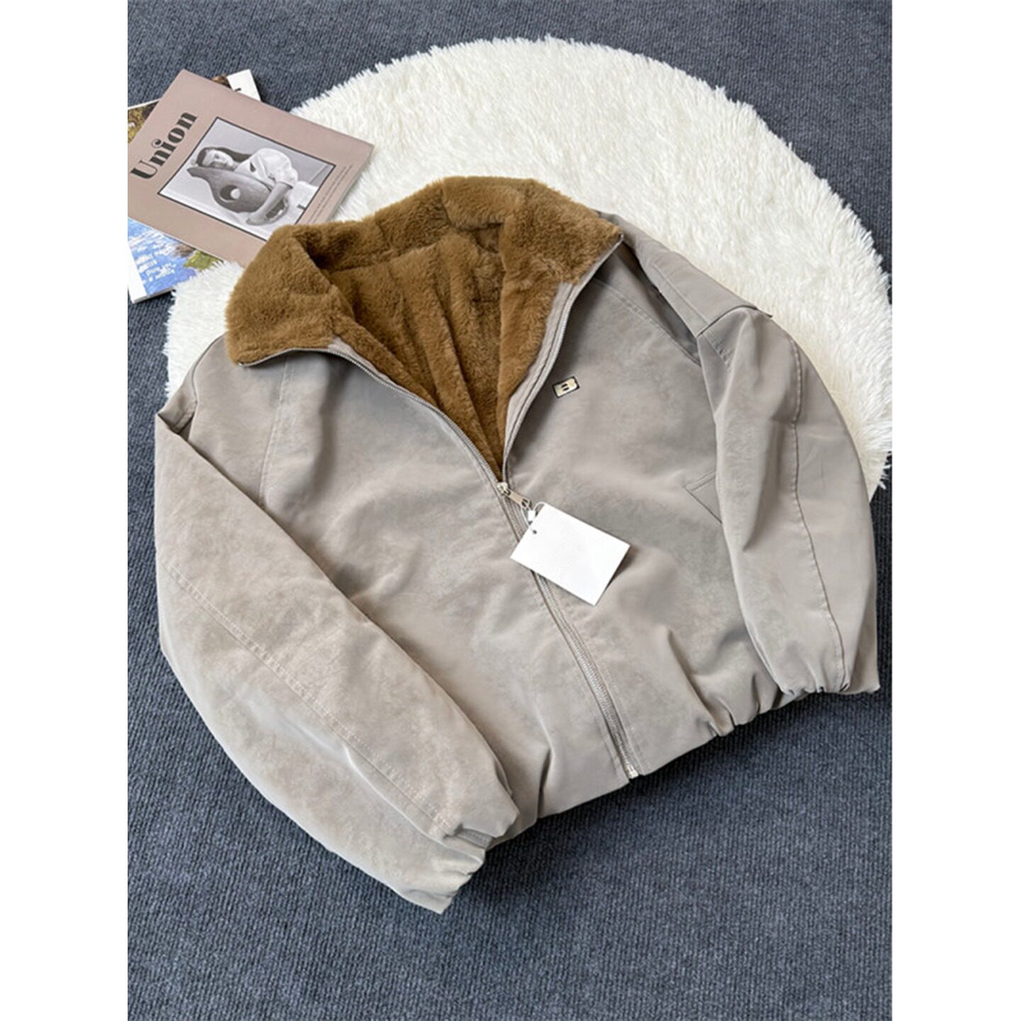 美式高街灰色加绒棉服男款冬季加厚保暖工装外套cleanfit短款棉衣