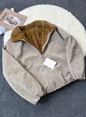 美式高街灰色加绒棉服男款冬季加厚保暖工装外套cleanfit短款棉衣