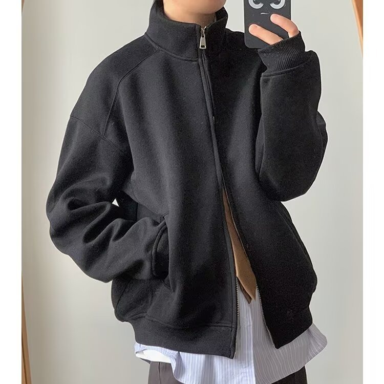 秋冬百搭日系纯色重磅灰色立领卫衣男女宽松秋冬美式休闲开衫外套