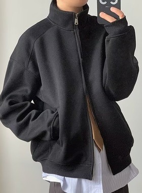 秋冬百搭日系纯色重磅灰色立领卫衣男女宽松秋冬美式休闲开衫外套