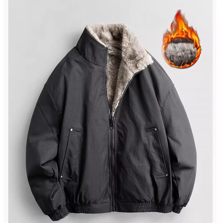 美式休闲复古cleanfit加厚保暖夹克男冬立领加绒座山雕双面穿外套