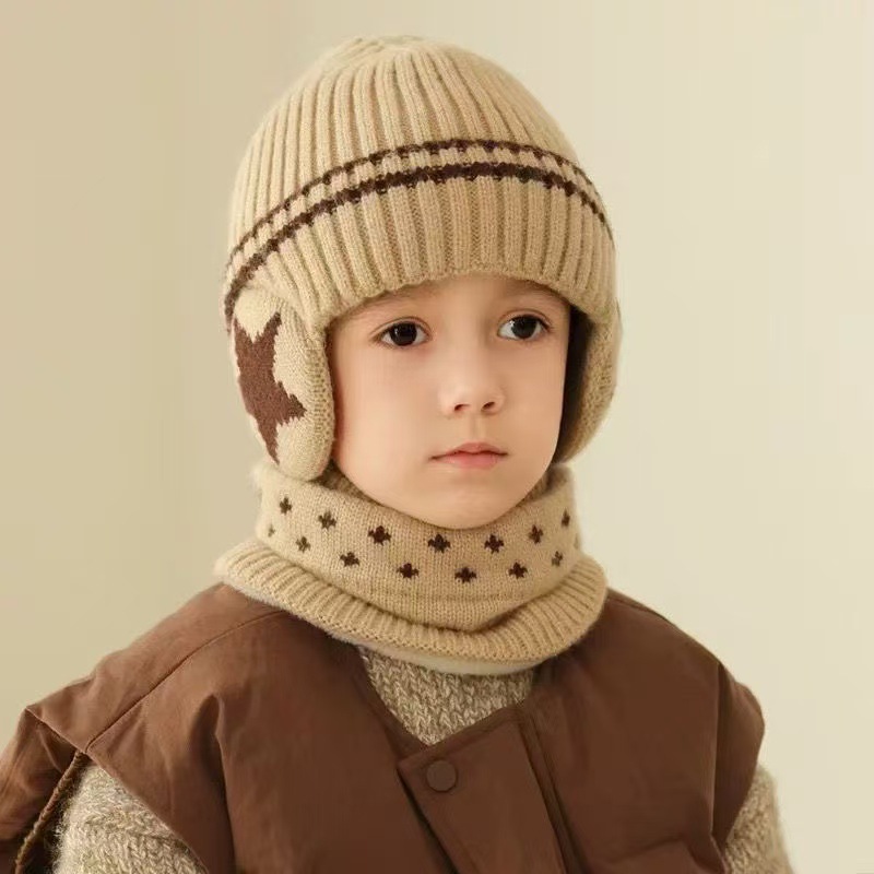 C0144儿童帽子围脖二件套秋冬加绒护耳帽加厚保暖毛线宝宝套帽