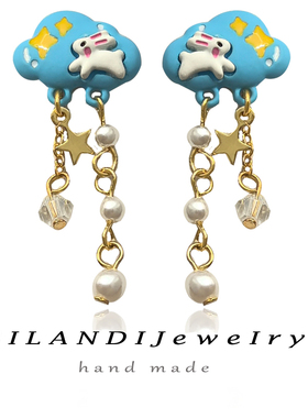 原创S925银针小清新蓝色云朵耳钉气质珍珠流苏耳环可爱风耳饰7721