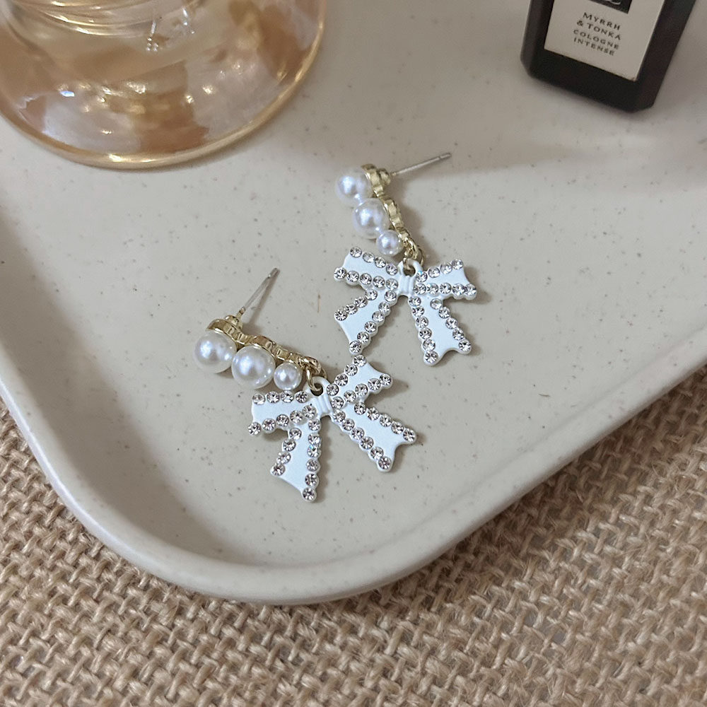 温柔仙女法式甜美白色蝴蝶结耳环
