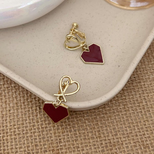 【奶甜家】酒红金属滴油双爱心螺旋耳夹耳环复古甜美气质通勤耳饰