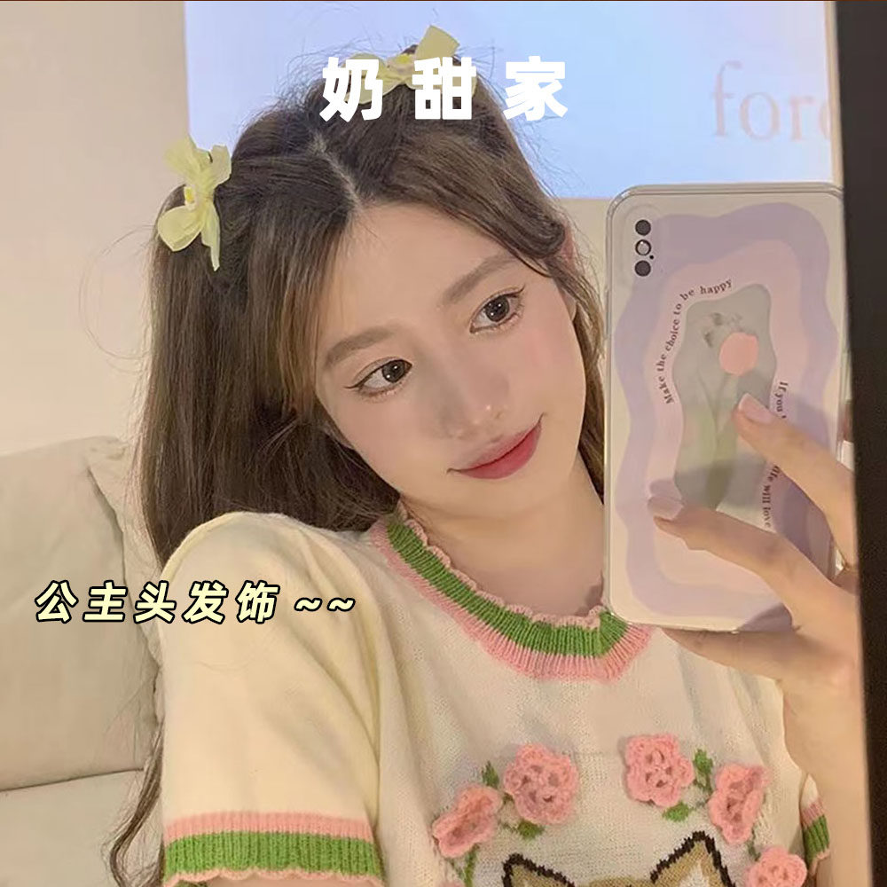 【奶甜家】夏日奶黄色布艺蝴蝶结发夹可爱甜美少女公主头边夹发饰