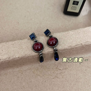 【奶甜家】复古通勤气质蓝黑色短款流苏耳环优雅气质时尚上班耳饰