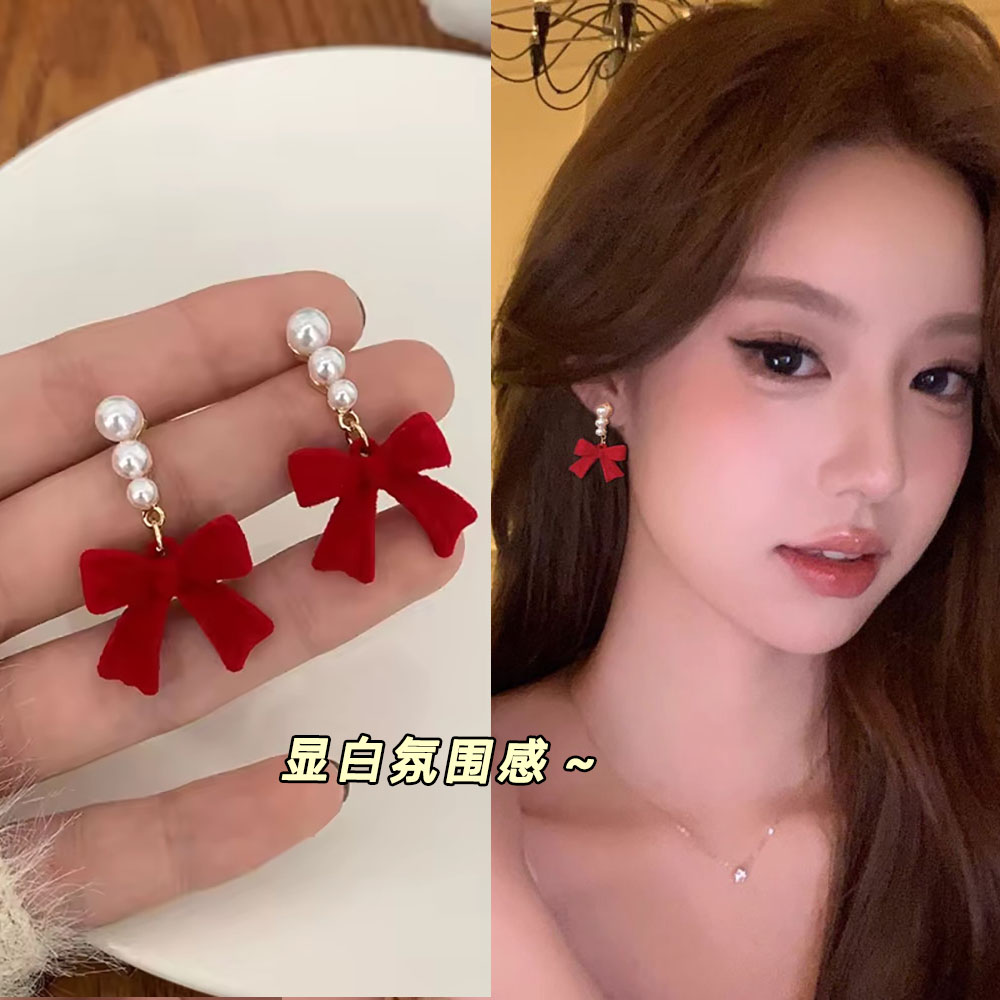 甜美显白酒红色蝴蝶结三角耳夹
