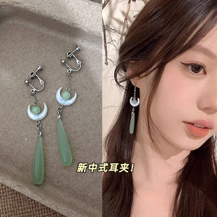 【奶甜家】新中式水绿色水滴白色月牙流苏螺旋耳夹古风汉服耳饰潮