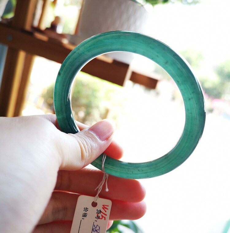 【木古口十】天然a货翡翠危地马拉冰种蓝水雪花棉手镯复古圆条58