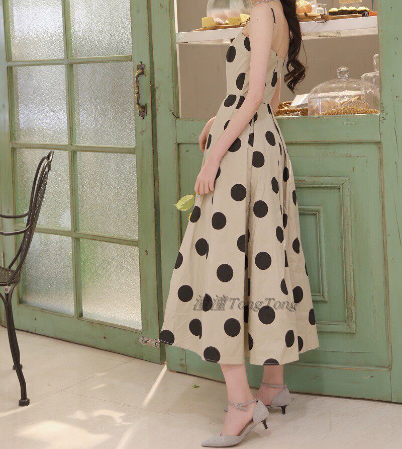tongtong自制如故做旧青卡其波点一字吊带平口蓬蓬礼服连衣裙