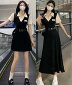 胖mm收腰显瘦学院风假两件裙子夏季 大码 女法式 连衣裙假两件短袖