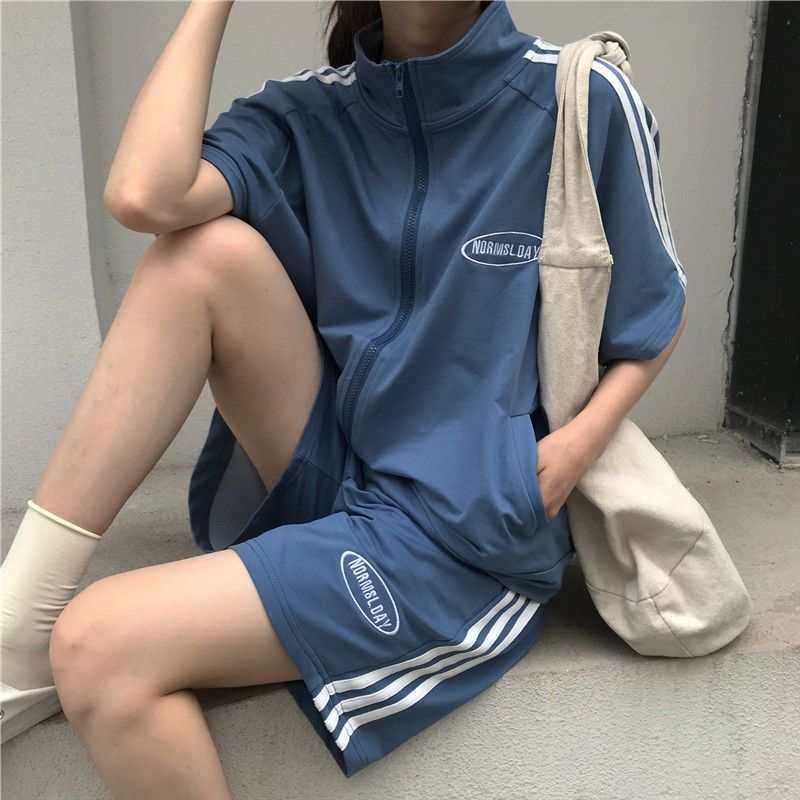 运动套装外套跑步服套装女2025夏季爆款三条杠短袖短裤两件套薄