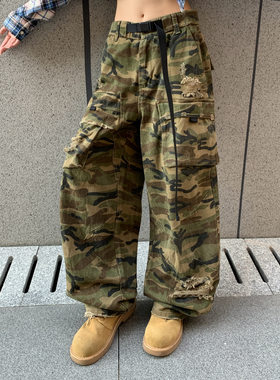 美式潮牌宽松阔腿牛仔裤男女款2025秋冬新款松紧腰喇叭工装迷彩裤