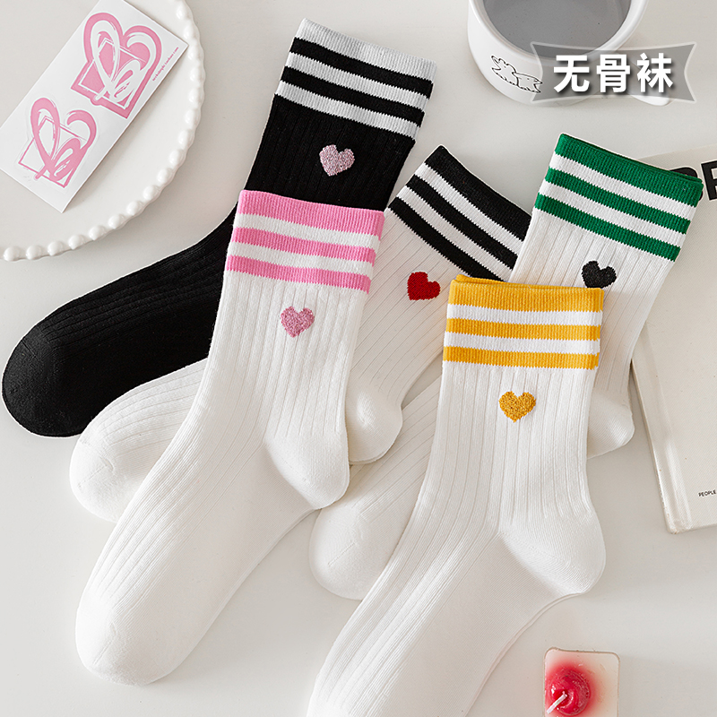 条纹学院风可爱春秋中筒袜纯棉