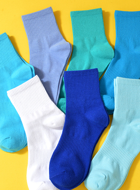 克莱因蓝袜子女春秋时尚薄款纯棉纯色透气蓝色个性网红春秋中筒袜