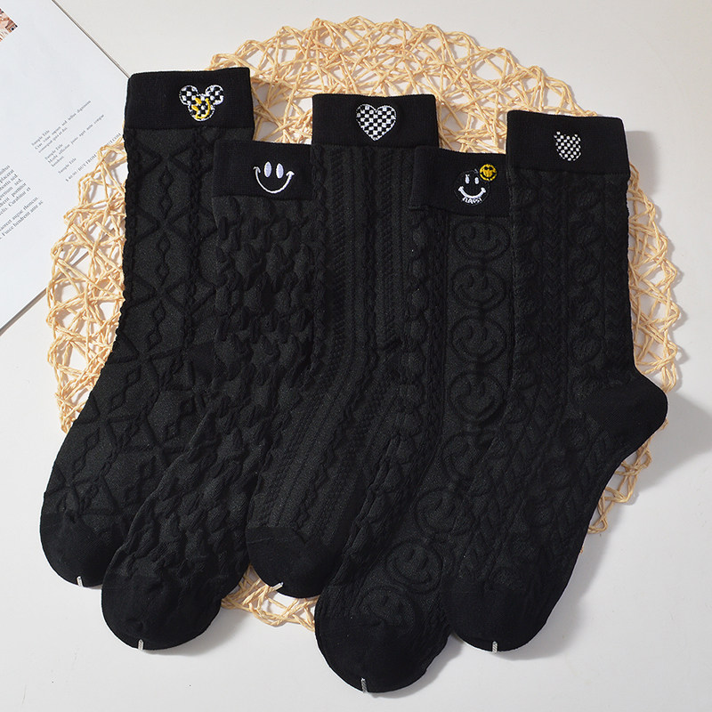 美腿纯棉薄款黑色立体女中筒袜