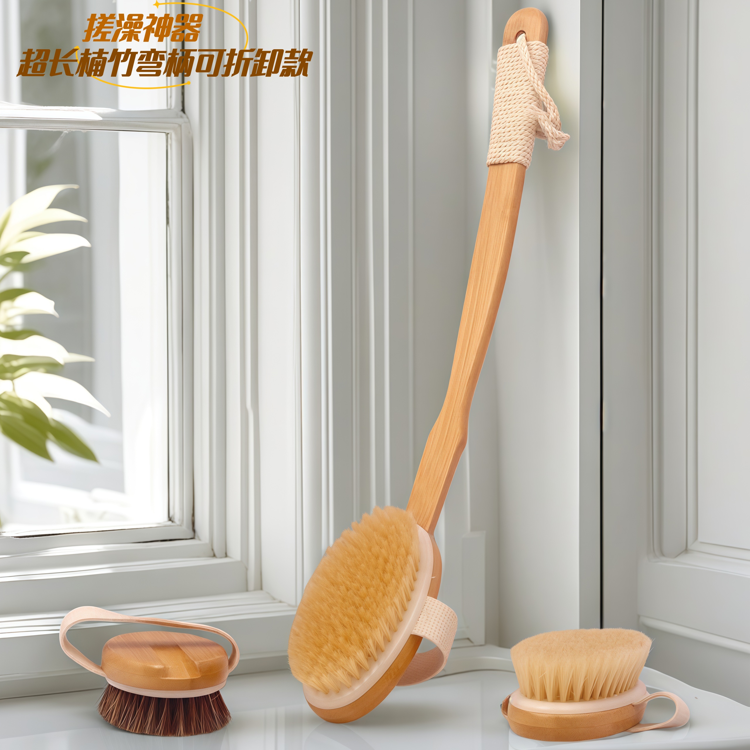 楠竹弯柄可折卸猪鬃硬刷搓后背