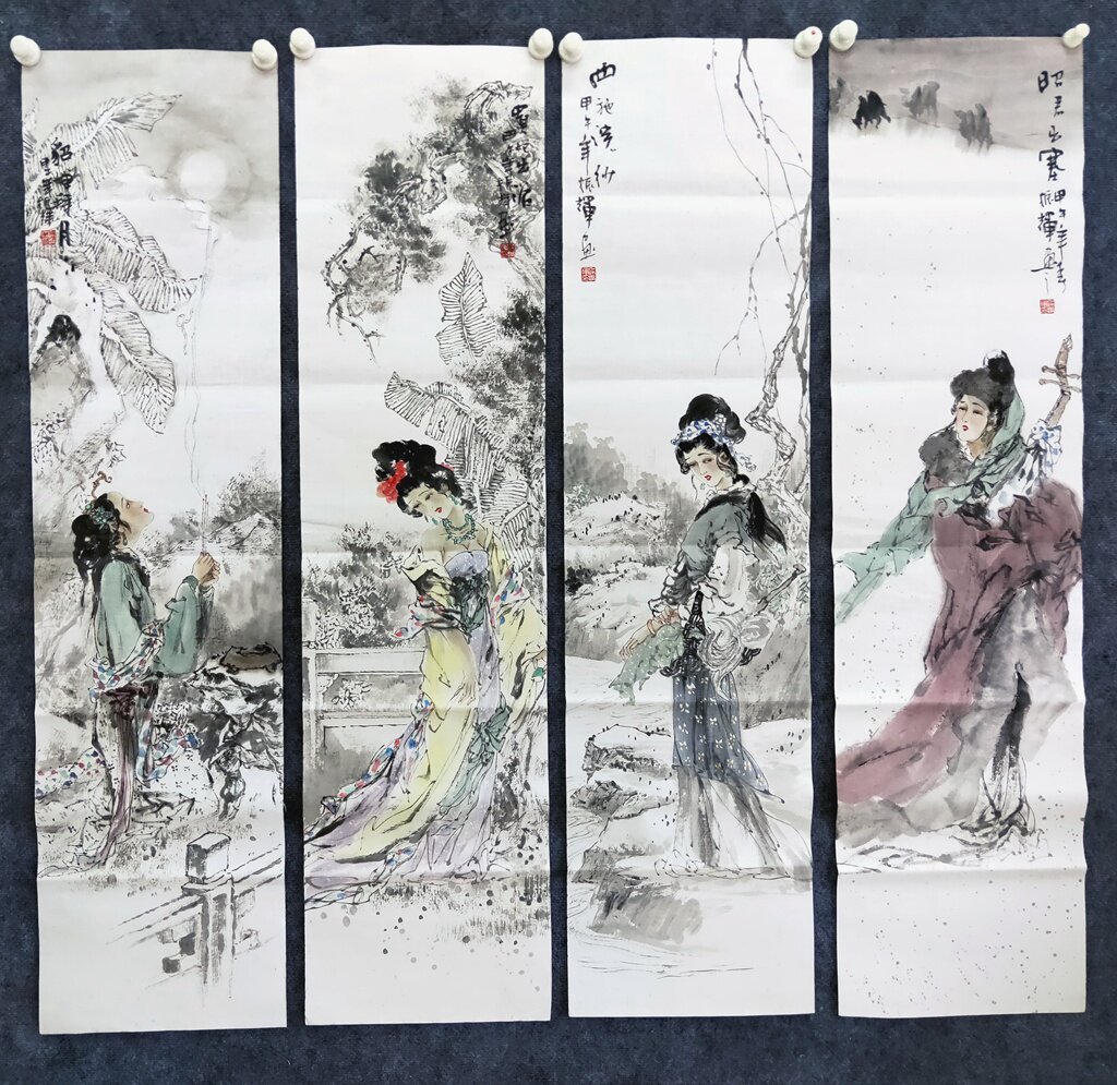 梁振辉手绘真迹国画人物画四条屏客厅装饰画四大美女琴棋书画