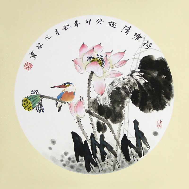 李文琴纯手绘真迹小品花鸟画荷花三尺斗方圆形牡丹客厅玄关装饰画