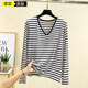 打底衫 显瘦长袖 可外穿宽松上衣 T恤女休闲大码 莫代尔V领条纹胸棉款