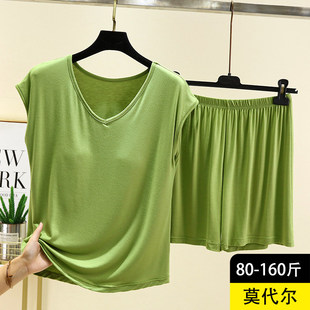 薄款 莫代尔V领无袖 大码 居家宽松上衣短裤 家居服两件套 睡衣女夏季