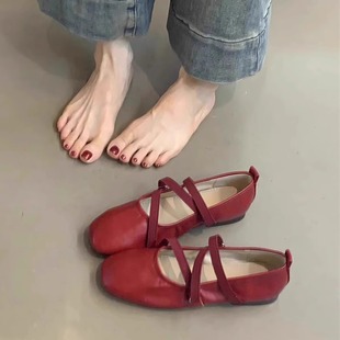 平底單鞋 法式 羊皮版 交叉帶紅色瑪麗珍鞋 女淺口晚風(fēng)仙女芭蕾舞鞋