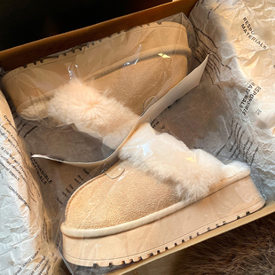 桑坡厚底毛毛半拖雪地靴羊皮毛一体女款2025新款加绒加厚半包棉鞋