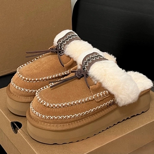 桑坡2026秋冬新款雪地靴加绒加厚拖鞋女阿尔派厚底真皮流苏棉鞋