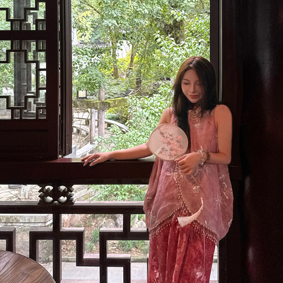 【曼珠沙华】新中式亮片绣扎染无袖马甲+丝绒烧花半裙国风两件套