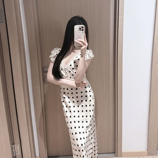 卡梅莉娅 斜裁法式V领拼蕾丝收腰波点连衣裙女仙风优雅小飞袖长裙