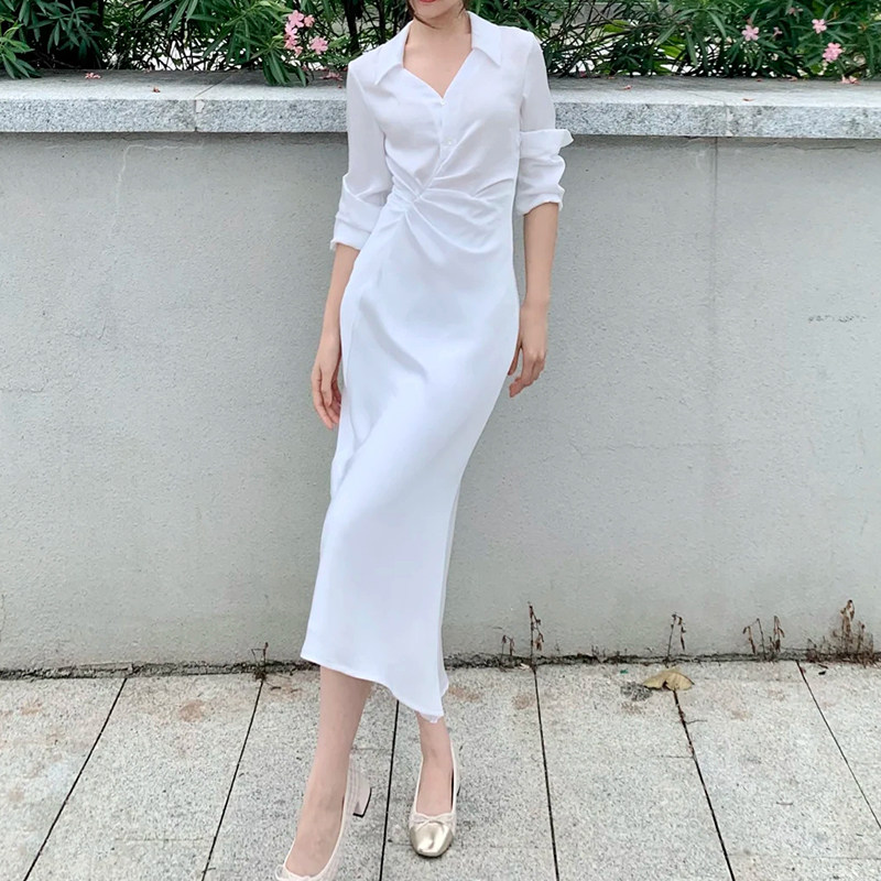 【金秘书】秋季v领衬衫连衣裙气质女褶皱收腰显瘦鱼尾裙