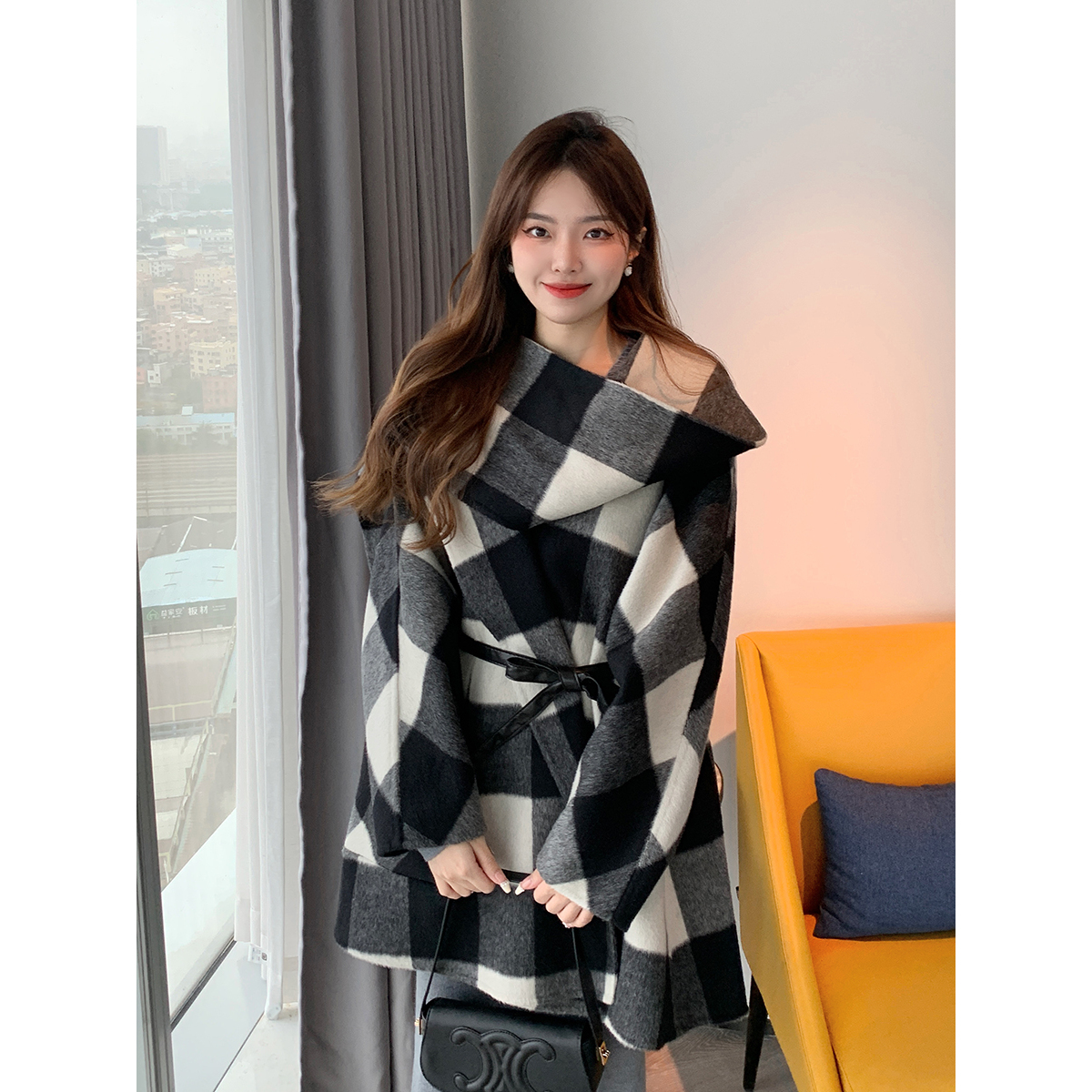 两穿气质呢大衣/格子连帽外套