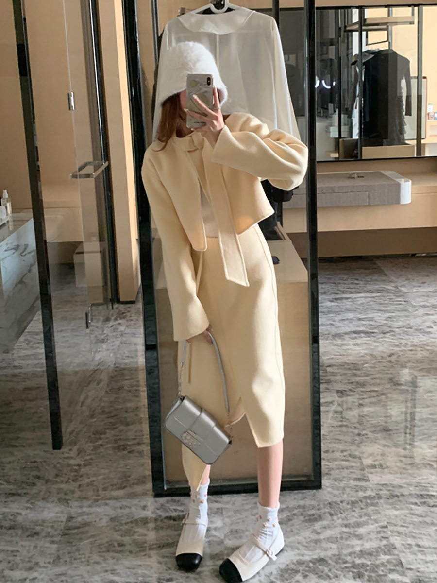 小落家羊毛飘带双面尼大衣半裙