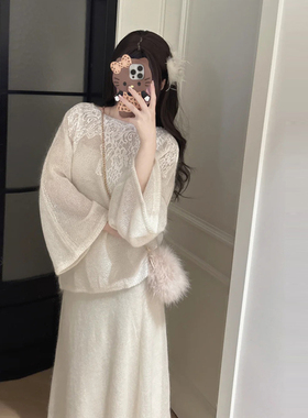 【清茶半盏】温柔一字领蕾丝毛衣马海毛上衣搭针织半裙秋时尚套装