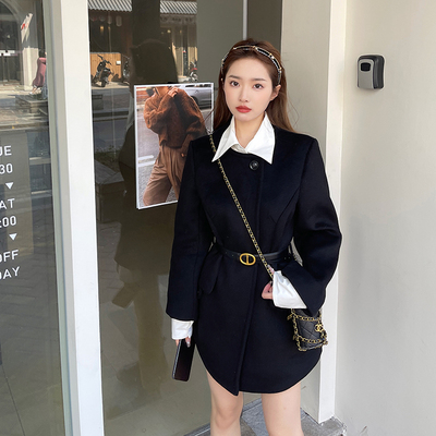 羊毛呢外套可拆卸撞色领口袖口