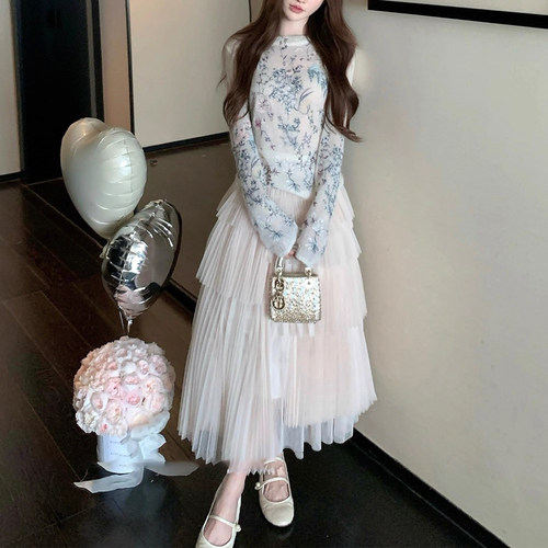 镜中芭蕾 重工花卉刺绣套头毛衣鱼骨柔光纱半裙优雅长裙秋季套装