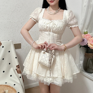 与纱共舞 14m五层裙摆蕾丝公主裙花边抽褶显瘦千金蓬蓬吊带连衣裙